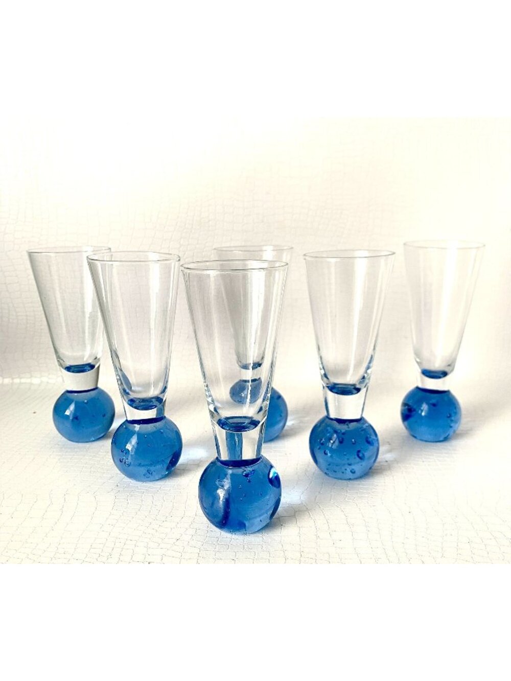 6 Vintage Bubble Ball Liqueur Glasses Barware Shot Glass Blue